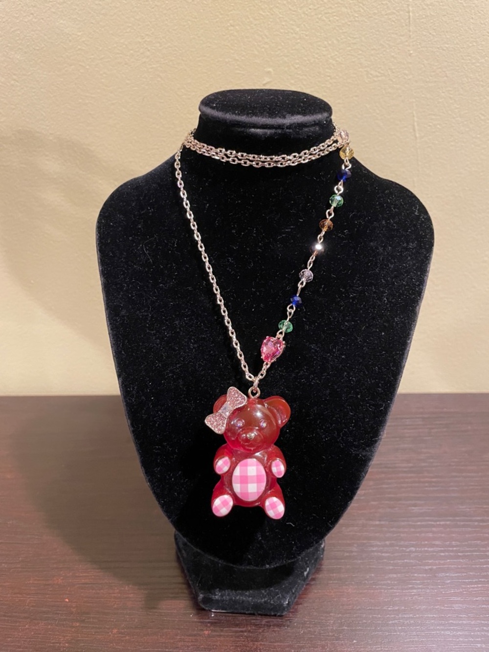 Betsey Johnson Red Bear Pendant Necklace with Multicolor Beads